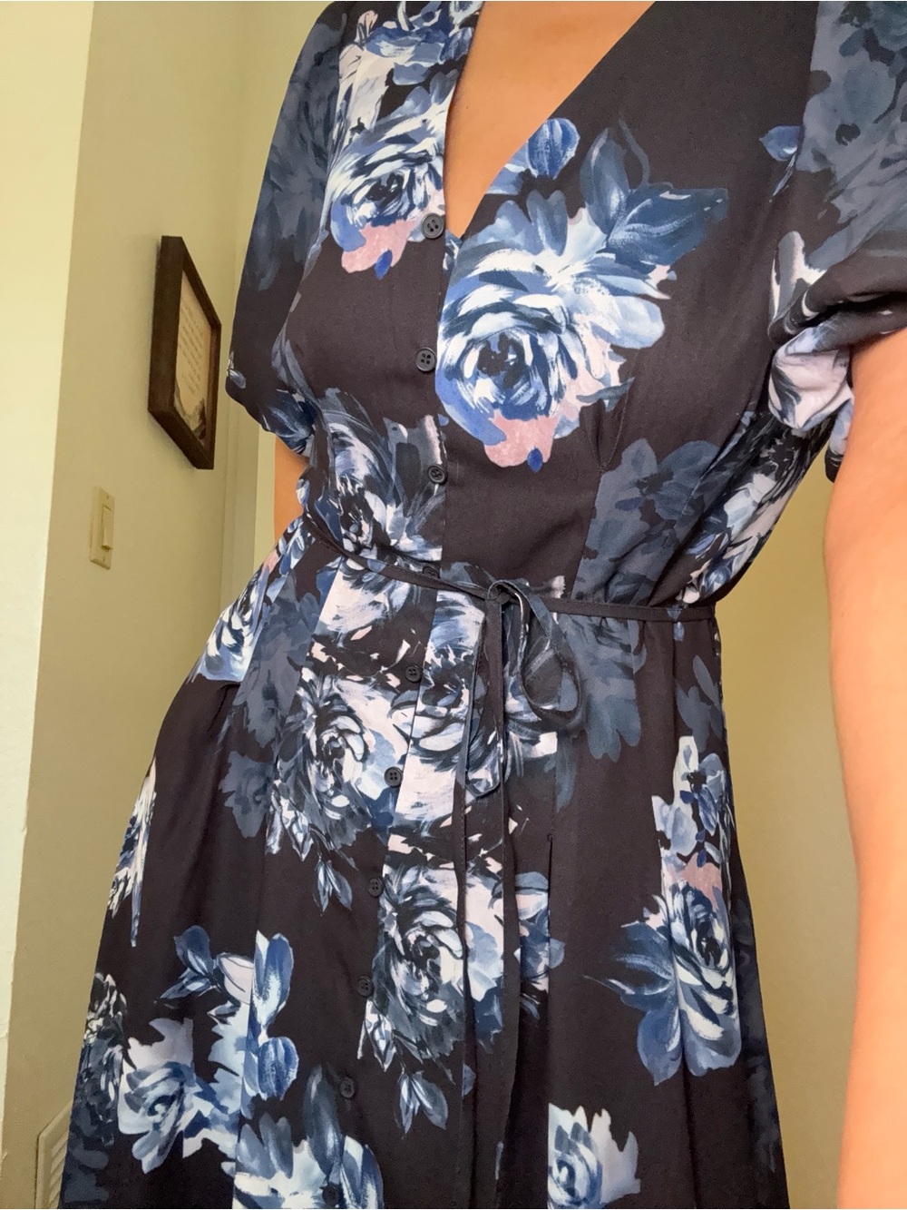 French Connection Floral Button-Front Navy Midi Dress with Tie Waist